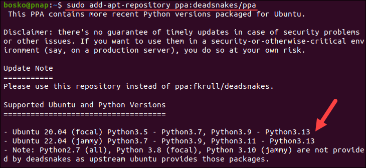 Add PPA repository for latest Python releases on Ubuntu.