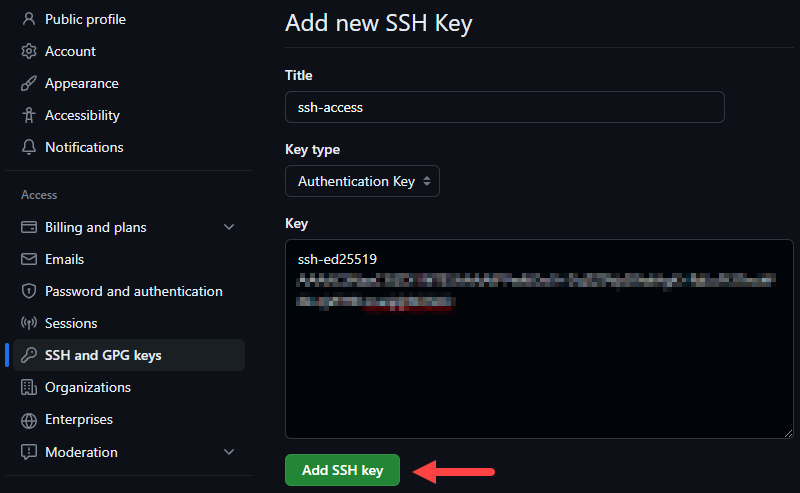 Configuring the SSH key details.