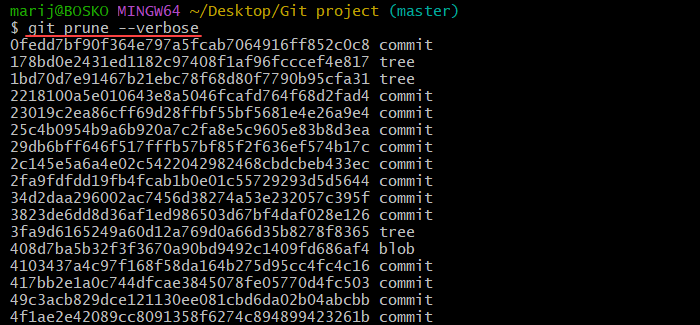 Running the git prune command with the verbose option.