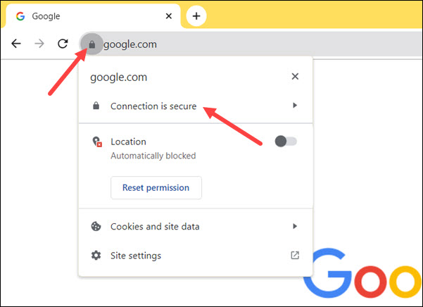 The padlock menu in Google Chrome.