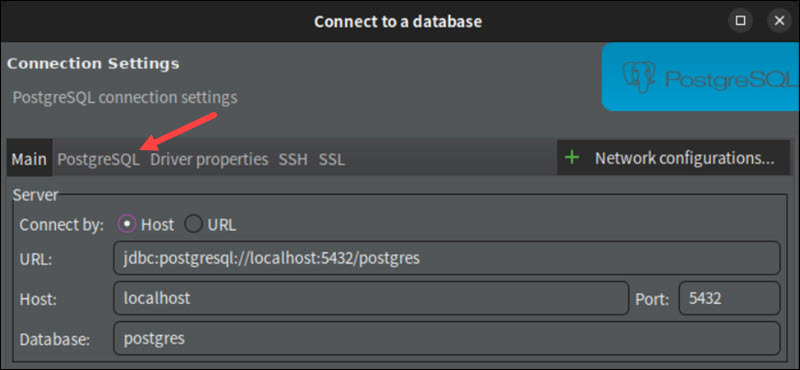 The location of the PostgreSQL tab in the Connect to a database dialog.