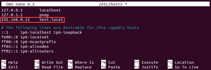 Adding an IP address and domain pair to the Hosts file in Linux.