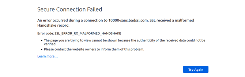 The SSL error displayed in Mozilla Firefox.