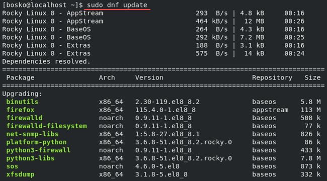 An example of using the DNF package manager to update the system repository.