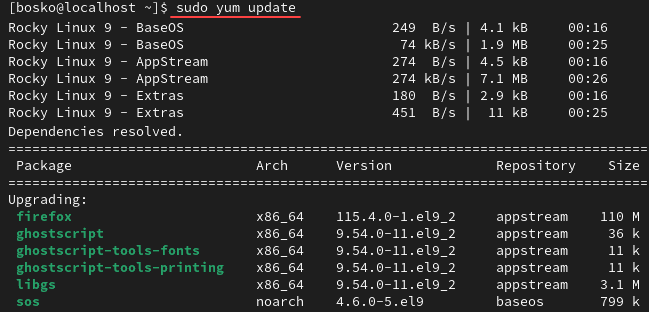 An example of using the YUM package manager to update the system repository.