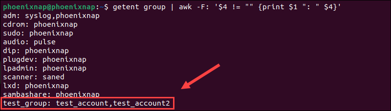 Use awk to parse groups from the Linux group file.