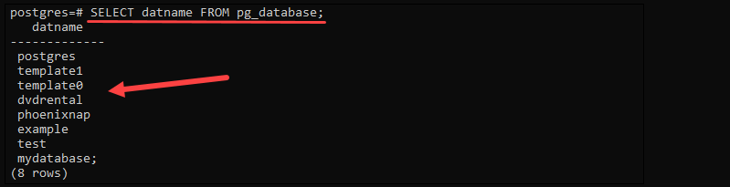 List all databases in psql using the SELECT statement.