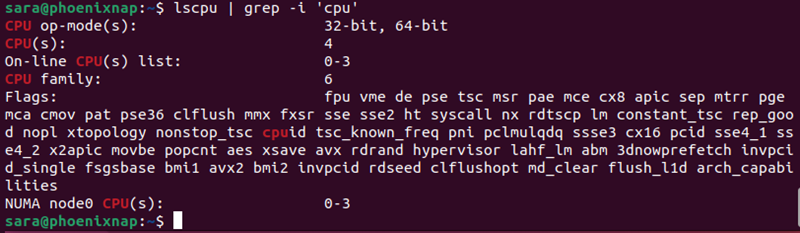 lscpu | grep -i 'cpu' terminal output