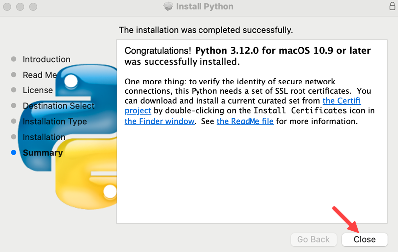 Python installation on macOS complete.