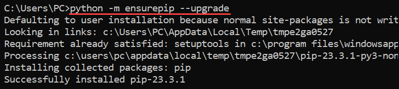 python -m ensurepip --upgrade CMD output