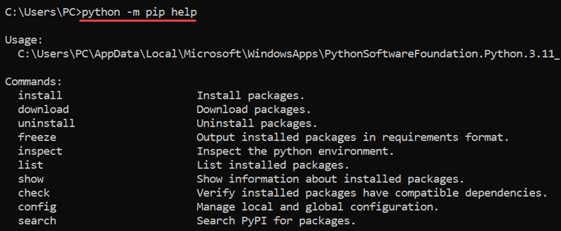 python -m pip help CMD output