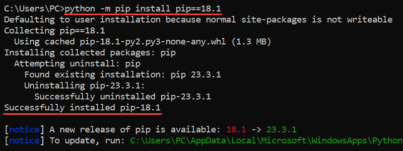 python -m pip install downgrade CMD output