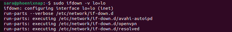 sudo ifdown lo=lo -v terminal output