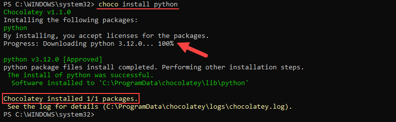 Install the latest Python version using Chocolatey.