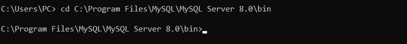 terminal output for cd C:\Program Files\MySQL\MySQL Server 8.0\bin
