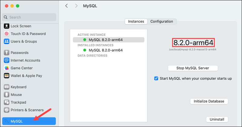 The MySQL preference pane in macOS System Settings.