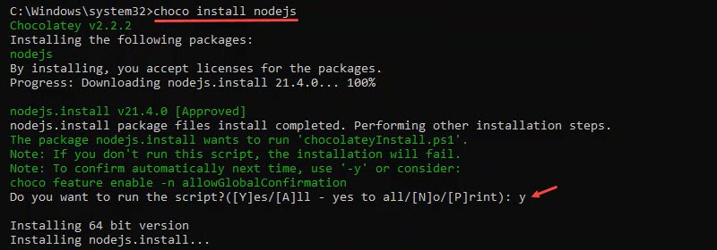 choco install nodejs CMD output