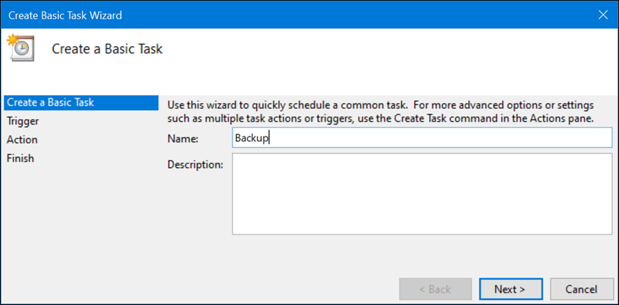 Create Basic Task Wizard - name the task