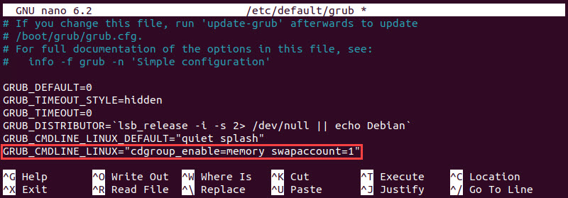 Add memory swap account to grub configuration file.