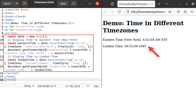 Showing the time in different time zones with JavaScript.