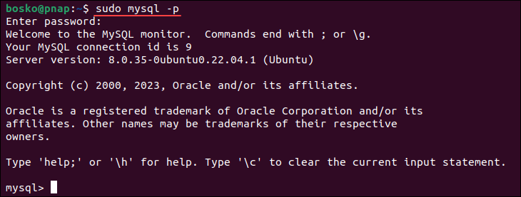 Logging into the MySQL server on Ubuntu.
