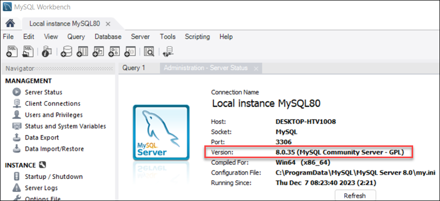 MySQL Workbench Server Status version