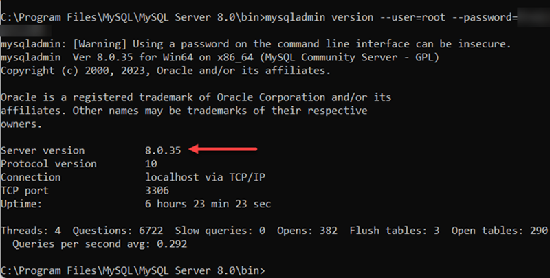 mysqladmin version –user=root –password=[password] terminal output