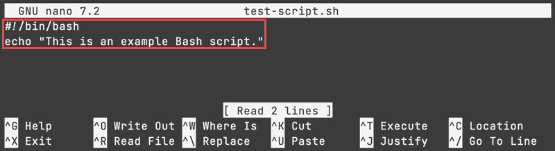 A bash script example in Nano.