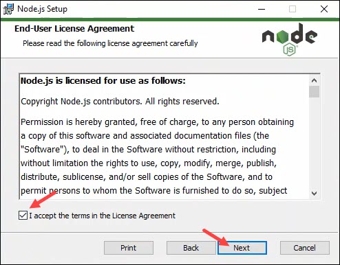 Node.js setup wizard end-user license agreement