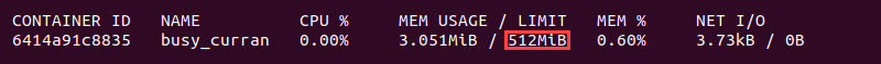 The output of the docker stats command showing the hard memory limit.