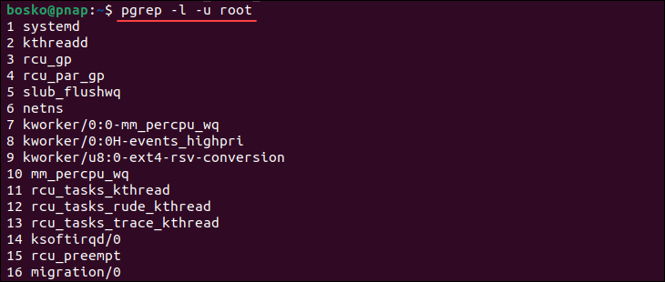 Listing the running processes using the pgrep command.