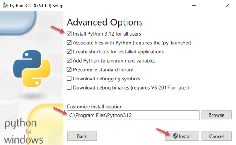 Python installer advanced options