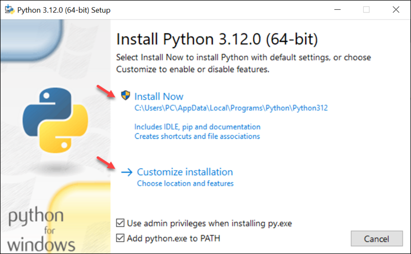 Python installer Install Now or Customize