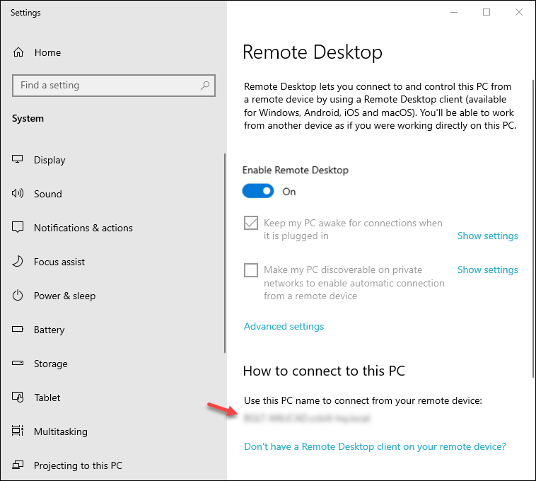 Remote desktop hostname