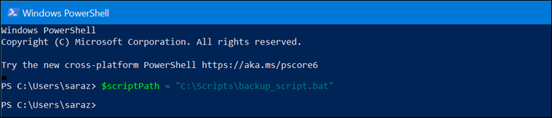 $scriptPath = "C:\Scripts\backup_script.bat" terminal output