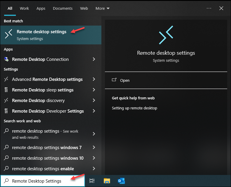 Start Remote Desktop Settings