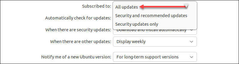 ubuntu software updater subscribed to all updates