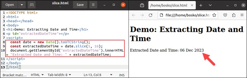 Extracting the date and time using slice in JavaScript.