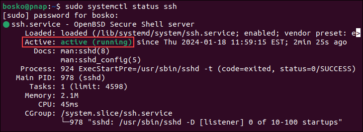 Checking the ssh service status on Ubuntu.
