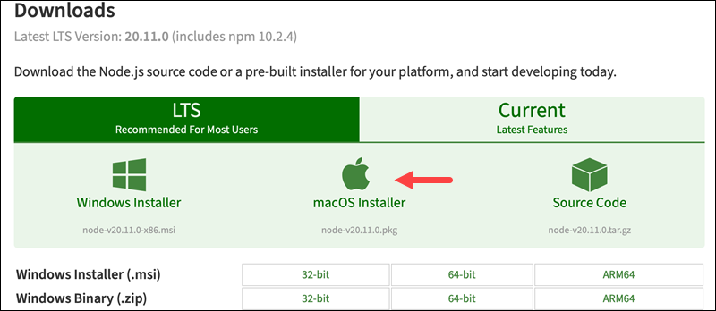 Downloading the macOS installer for Node.js.