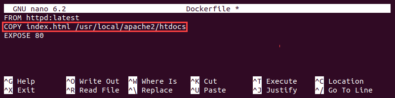 The COPY command in a Dockerfile that creates an Apache server image.