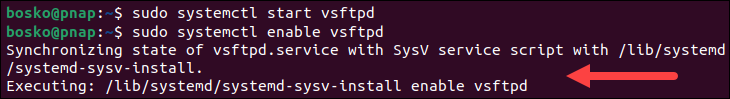 Starting the vsftpd service and enabling boot startup.