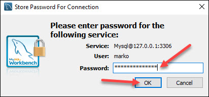 Entering password in MySQL Workbench.