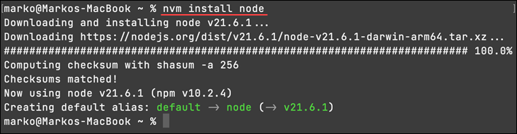 Installing Node.js with nvm on macOS.