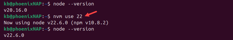 nvm use 22 terminal output