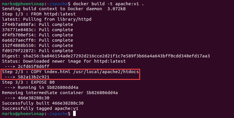 An output of the docker build command shows the COPY command as the second step in the image building process.