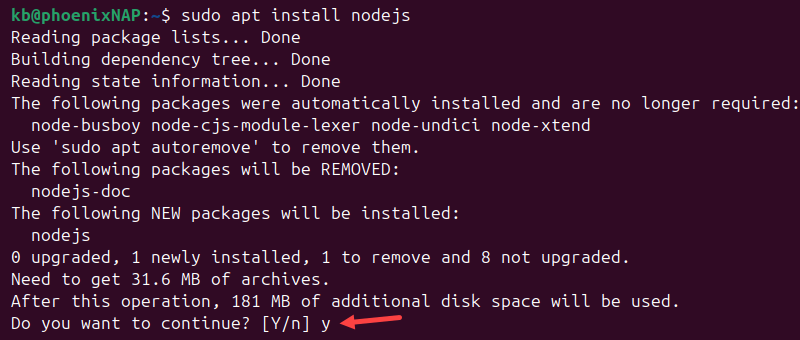 sudo apt install nodejs ppa terminal output