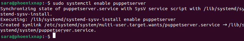 sudo systemctl enable puppetserver terminal output