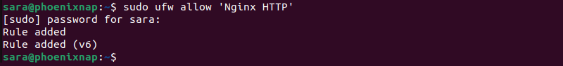 Terminal output for sudo ufw allow 'Nginx HTTP'