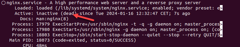 systemctl status nginx inactive terminal output